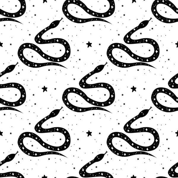 Modèle sans couture Serpent mystique avec lune et étoiles. Mystique, alchimie, concept occulte. — Image vectorielle