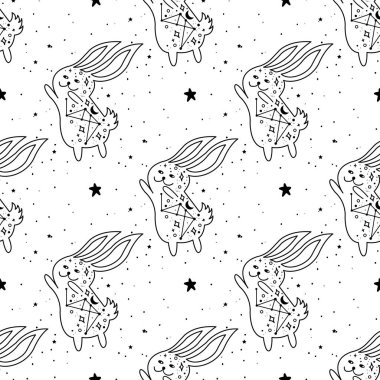 Kusursuz desenli, ay ve yıldızlı mistik tavşan. Mistik, simya, okült konsept.