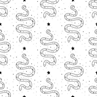 Kusursuz desenli, ay ve yıldızlı mistik yılan. Mistik, simya, okült konsept.