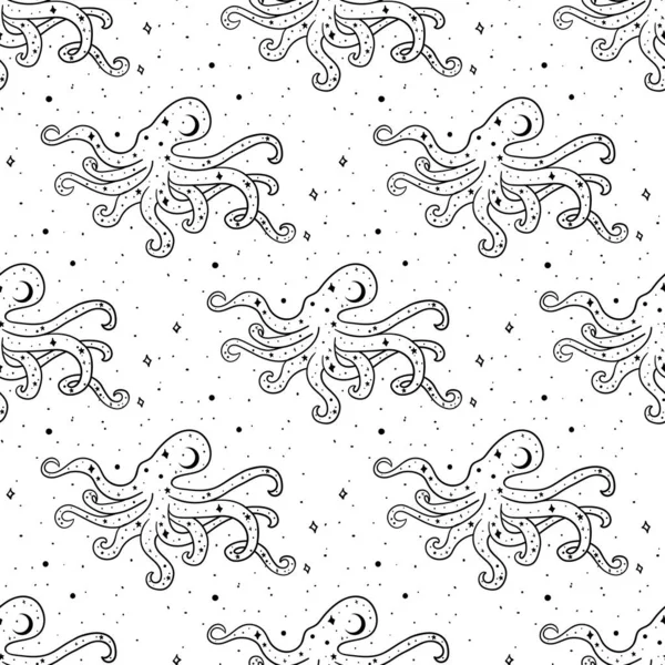 Naadloos patroon Mystieke octopus met maan en sterren. Sterren, sterrenbeelden, maan. — Stockvector