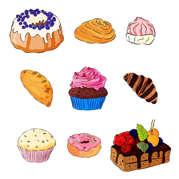 Conjunto de deliciosos pasteles. Dibujos animados vector ilustración . — Vector de stock