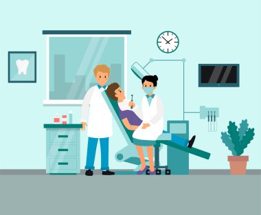 Tıp dişçiliği konsepti. Genç doktor kadın, asistan ve dişçi koltuğundaki sabırlı adam..