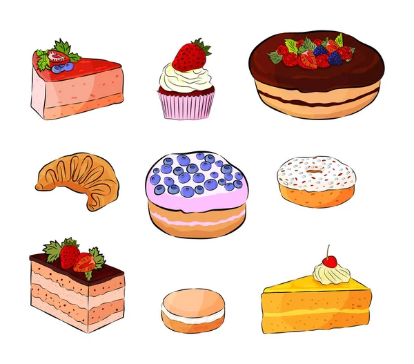 Set kue lezat. Ilustrasi vektor kartun. Ikon manis makanan pada latar belakang putih . - Stok Vektor