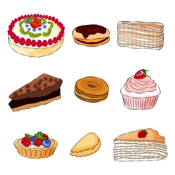 Conjunto de deliciosos pasteles. Ilustración vectorial de dibujos animados. Alimentos iconos dulces sobre fondo blanco . — Vector de stock