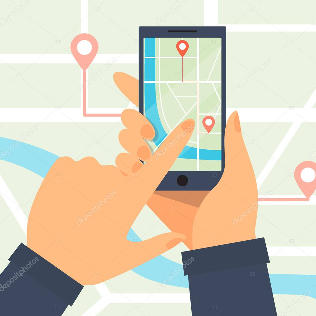 Hands hold a smartphone. Phone GPS navigation in the with a red pointers. GPS tracking map.