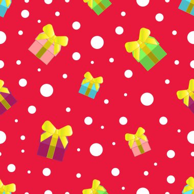 Colorful Vector seamless gift pattern. Gift boxes on a red background.