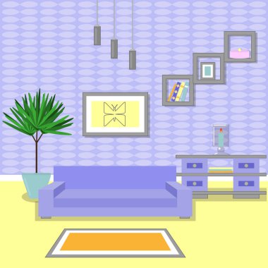 Mobilyaları, kitaplığı, çiçekli vazosu, kitapları, kelebekli resmi ve mumu olan sevimli bir oturma odası tasarımı..