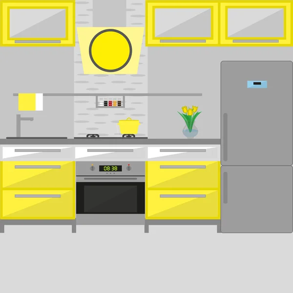 Interior de cozinha acolhedor moderno com a geladeira . —  Vetores de Stock