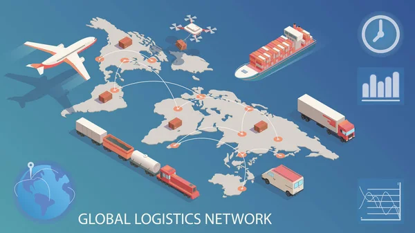 Red logística global isométrica. Concepto de transporte aéreo de carga por ferrocarril, transporte marítimo — Vector de stock