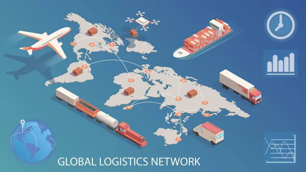 Isometriskt globalt logistiknätverk. Begreppet lastbilstransport järnväg, transport sjöfart — Stock vektor