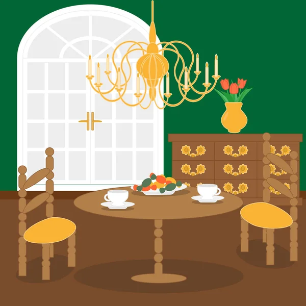 Niedliche Wohnzimmereinrichtung im Retro-Stil mit Möbeln, großer Lampe, Vase mit Blumen, Tisch mit Stühlen. — Stockvektor