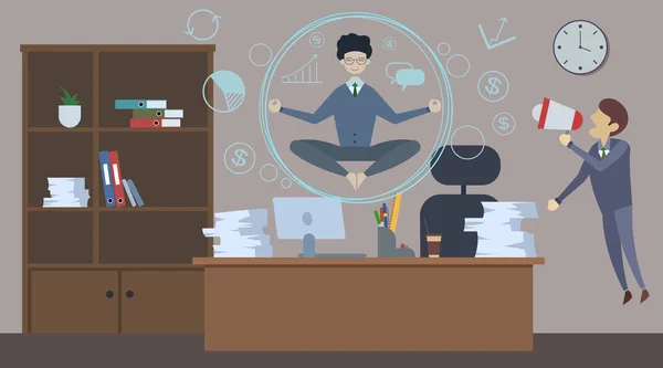 Malo jefe enojado gritándole a un empleado con altavoz. Hombre de oficina haciendo Yoga para calmar la emoción estresante . — Vector de stock
