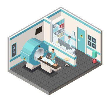 İzometrik manyetik rezonans terapisi. Doktor, hastayı terapiye hazırlıyor..