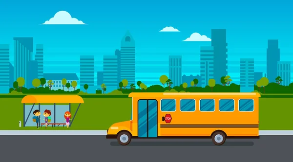 Kids are waiting for the school bus on the bus stop on city landscape background. — Stock Vector