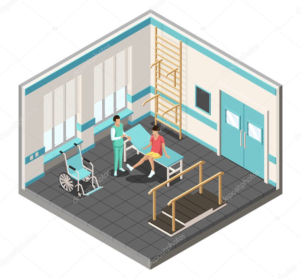 Isometric physiotherapy rehabilitation poster with wheelchair, parallel walking bars, rehabilitation stairs.