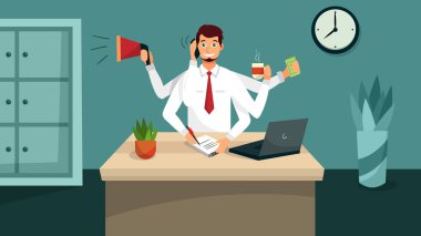 Altı elli bir iş adamı altı kolla birden fazla iş gücü metaforu yapıyor..