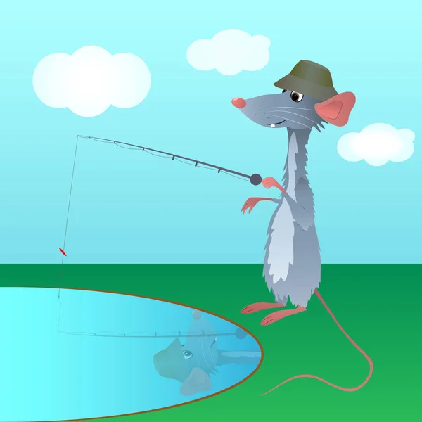 Grappige rat met een lange roze staart, verkleed als visser, die een hengel vasthoudt en probeert vis te vangen in het reservoir. — Stockvector