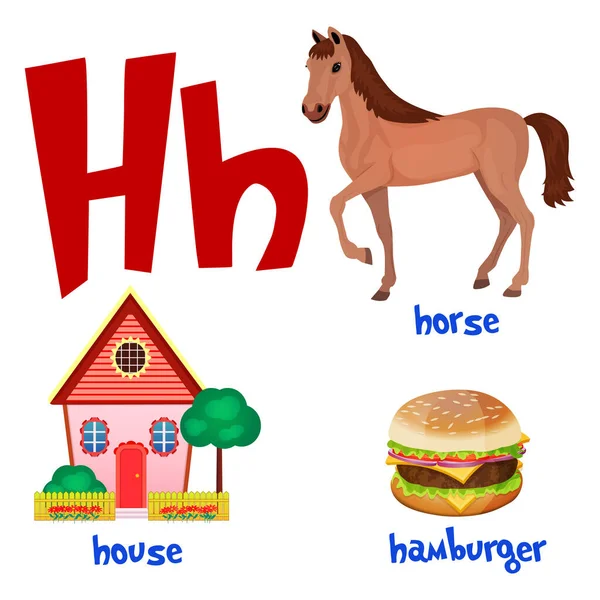 Vector lindo alfabeto de dibujos animados para niños. Letra H con caballo, casa y hamburguesa . — Vector de stock