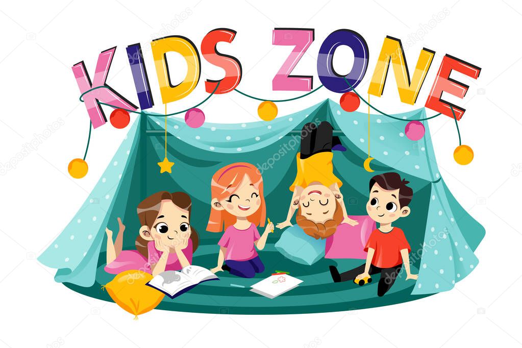 Kids zone vector cartoon banner. Colorful letters and children in the tent. Banner for childrens playroom decoration. Flat style. Vector illustration.