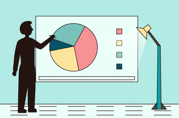 Conceito de Apresentação de Negócios, Trabalho em Equipe e Análise. A silhueta preta do homem está fazendo a apresentação que está perto do gráfico da análise, gráfico da torta, diagrama na placa da tela. Desenhos animados ilustração vetorial plana — Vetor de Stock
