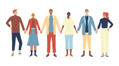 Gündelik giysiler içinde bir grup kadın ve erkek. Bir grup iş adamı yan yana duruyor. Mutlu karakterler el ele tutuşur, dostluğu ve birliği simgeler. Çizgi film Düz Biçim Vektör İllüstrasyonu