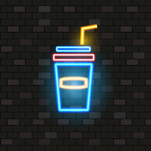 Vip Neon Iconen. Nacht Helder Signboard, Gloeiend Licht Banner. Neon Beverage Cup op Dark Brick Wall achtergrond. Neon Lighting Club of Bar Concept op donkere achtergrond. Flat Style Vector Illustratie — Stockvector