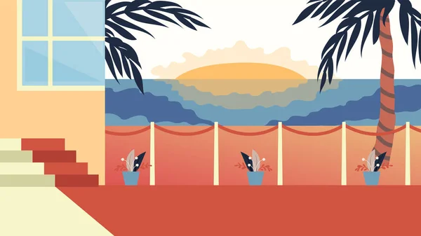 Concepto de vacaciones de verano. Hermosa vista al atardecer de Villa moderna con palmeras en la playa. Playa Sea Shore con Villa Hotel Hermoso paisaje al atardecer junto al mar. Dibujos animados Estilo plano Vector Ilustración — Archivo Imágenes Vectoriales