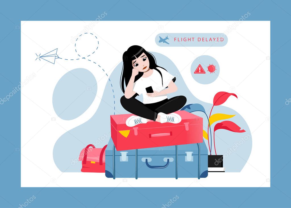Concept Of Flight Delay or Cancel, Change Of Plans. Tired, Perplexed and Upset Of Flight Delay Girl Sitting On Luggage And Waiting For Departure At Airport. Cartoon Flat Style. Vector Illustration