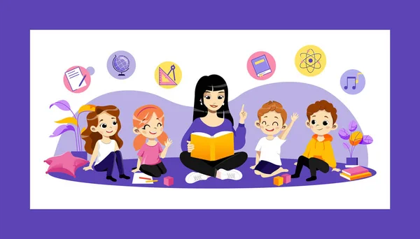 Education In Kindergarten And Back To School Concept. Young Cheerful Teacher Reading Book To Children At School Or Kindergarden. Happy Kids Listening To Woman. Cartoon Flat Style. Vector Illustration — Stock Vector