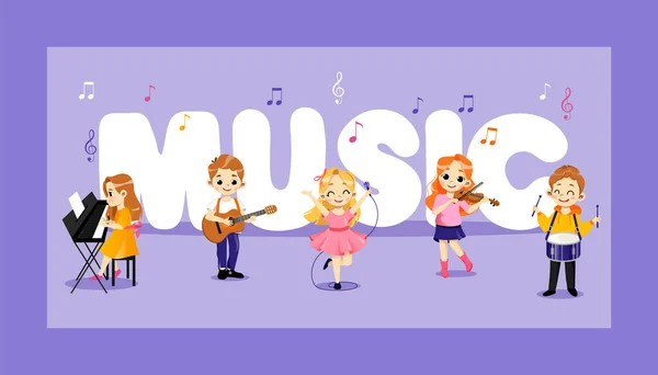 Onderwerp van Jazz, Pop, Rock en Klassieke Muziekuitvoerders. Talentvolle kinderen spelen Percussie, piano, viool, gitaar. Kinderen spelen Concert On Music Instruments in Group. Cartoon Flat Vector Illustratie — Stockvector