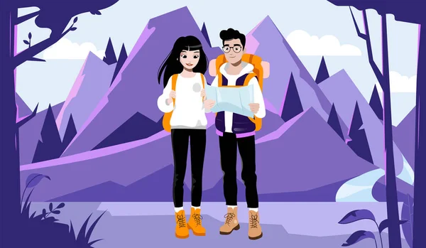 Aventura de fin de semana, Senderismo y Camping Concepto. Pareja de jóvenes turistas con mochilas y mapa de ruta. Los personajes masculinos y femeninos van de excursión en las montañas. Dibujos animados estilo plano. Ilustración vectorial — Vector de stock