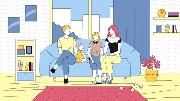 Familienfreizeitkonzept. Glückliche junge Familie, Mutter, Vater Tochter und Sohn sitzen auf dem Sofa. Die Menschen entspannen sich und verbringen Zeit zu Hause Umwelt. Cartoon Flat Style. Vektorillustration — Stockvektor