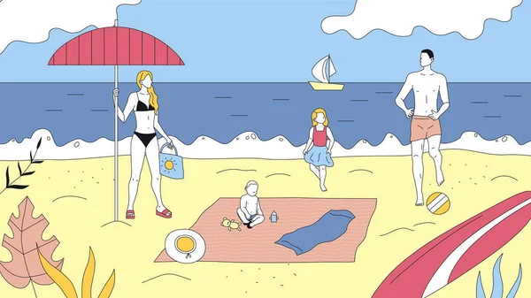 Conceito de Lazer Familiar e Passatempo Conjunto. Pai, mãe, filha e filho passam tempo juntos na costa oceânica. Pessoas Relaxar, Descansar, Nadar no mar e jogar jogos de atividade. Ilustração vetorial plana —  Vetores de Stock