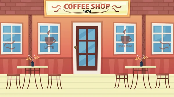 커피 샵 (Coffee Shop) 또는 피자가게 (Bistro). 사람 이 없는 아늑 한 도시 카페의 현대적 인 모습. 가구가 있는 빈 식당. 여름 외야 카페. 빈 테이블 과 안락 의자. Cartoon Flat Vector Illustration — 스톡 벡터