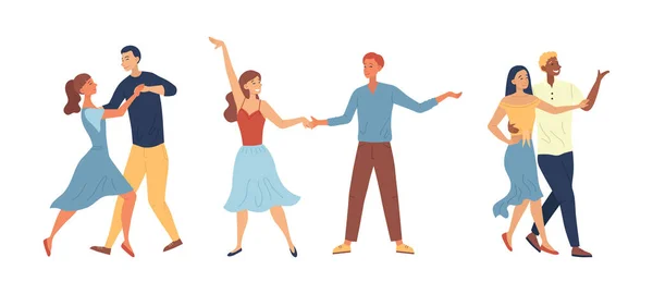 École de danse ou Concours Concept. Les gens qui aiment passer du temps ensemble. Les personnages masculins et féminins s'amusent à danser le tango en couple ensemble. Cartoon style plat. Illustration vectorielle — Image vectorielle