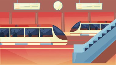 Toplu taşıma kavramı. İçi İnsansız Metro, Trenler ve Hareketli Merdivenler. İçinde insan siluetleri olan metro metro istasyonu. Düz Vektör İllüstrasyonu