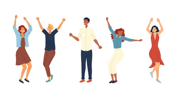 Danspartij Concept. Een groep modemensen danst samen. Tevreden karakters in verschillende danshoudingen. Glimlachende jonge mannen en vrouwen die genieten van het dansfeest. Cartoon Flat Vector Illustratie — Stockvector