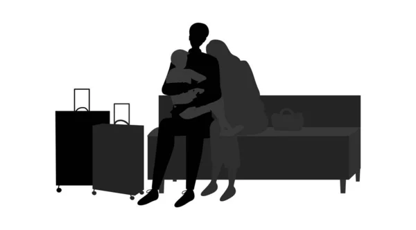 Familienreisekonzept. Menschen mit Gepäck reisen zusammen. Silhouetten von Eltern mit schlafenden Kindern auf dem Flughafen, die auf den Flug warten. Cartoon Flat Style Vector Illustration — Stockvektor