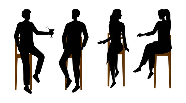 People Communications Concept. Silhouettes Of People Have A Good Time Communicating Sitting On Bar Chairs. Male And Female Characters Talking, Drinking Cocktails. Cartoon Flat Vector Illustration — Stock Vector