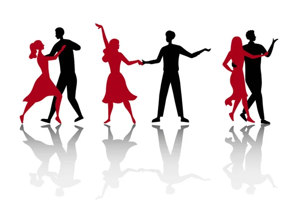 Escuela de Danza o Concepto de Concursos. Siluetas de gente disfrutando de pasar tiempo juntos. Los personajes se divierten bailando tango en pareja juntos. Dibujos animados estilo plano. Ilustración vectorial — Archivo Imágenes Vectoriales
