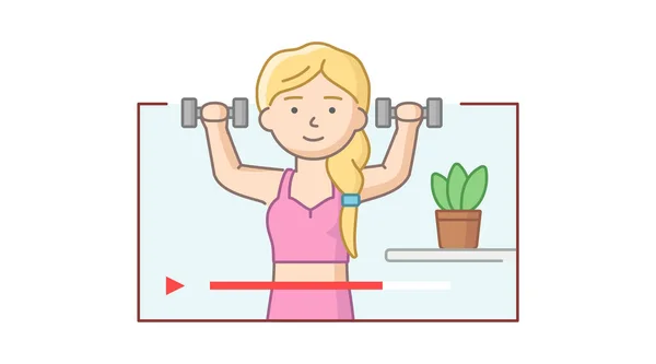 Concept Of Online Personal Trainer. Woman Athlete Practicing And Recording A Vlog Of Exercising With Dumbells. Video Of Personal Training In Gym. Cartoon Linear Outline Flat Style. Vector Illustration — Stock Vector