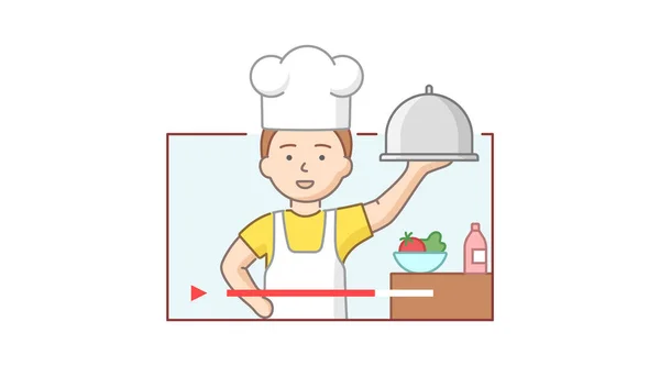 Culinary Vlog Concept. Professional Chef In Uniform Cooking Meal And Record Video. Character Shows Dish Holding It In Hand In Culinary Studio. Cartoon Linear Outline Flat Style. Vector Illustration — Stock Vector