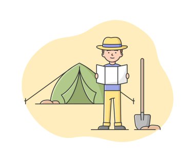 Arkeolog Kazıları kavramı. Erkek arkeolog haritaya bakıyor ve kazı için yer arıyor. Arkeoloji işi ve Antik Medeniyet. Çizgi film Çizgi Çizgisi Düz Vektör İllüstrasyonu