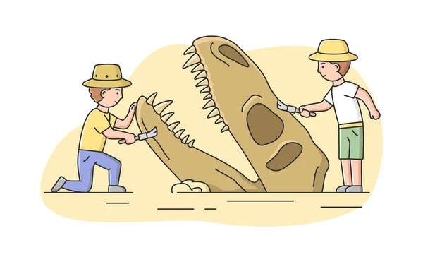 Régészeti ásatási koncepció. Férfi régészek, akik ősi dinoszaurusz maradványokat ástak elő antik romokban. Az emberek felfedezik az ősi kultúrát. Rajzfilm lineáris vázlat lapos vektor illusztráció — Stock Vector