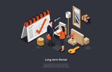 Uzun vadeli Emlak Kiralama, İmza Anlaşması. Emlakçı ve kiracı erkek ve kadın daire ya da ev kirası için anlaştılar. Gayrimenkul Hizmetleri. Isometric 3D Vektör İllüstrasyonu