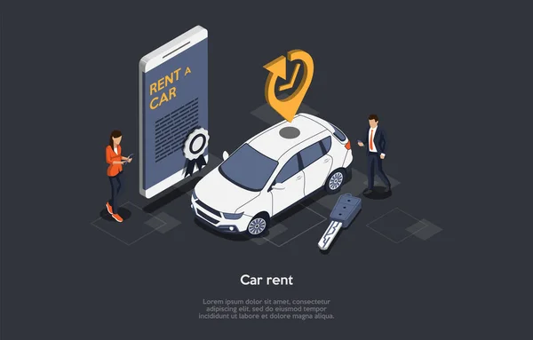 Car Rent Online Service Konzept. Kunde hat Auto für Geschäftsreise oder Urlaub gemietet. Fahrzeugbuchung und Reservierung. Smartphone mit moderner Mobile-App zur Autovermietung Isometrische 3D Vektor Illustration — Stockvektor