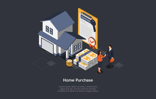 Concepto de compra de bienes raíces. Agente de bienes raíces y cliente han firmado un acuerdo de compra de la casa de compra. Realtor y comprador estrechando las manos el uno al otro. Ilustración isométrica de vectores 3D — Vector de stock