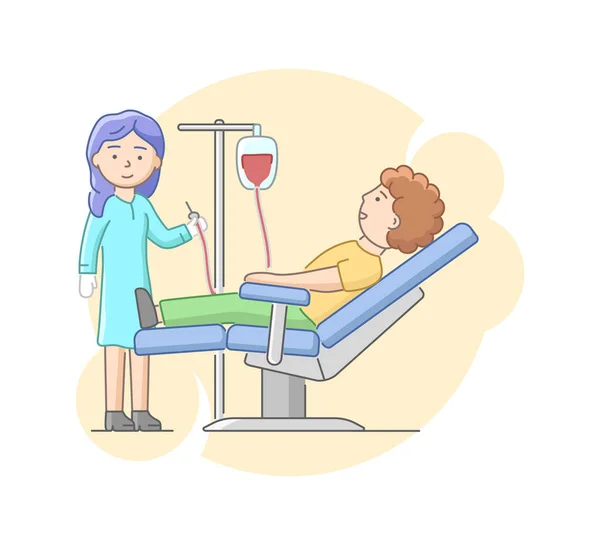 Health Care And Blood Transfusion Concept. Nurse Helps Volunteer To Donate Blood In Laboratory Or In Hospital. Male Character Lies On Bed Under Drip. Cartoon Linear Outline Flat Vector Illustration — Stok Vektör