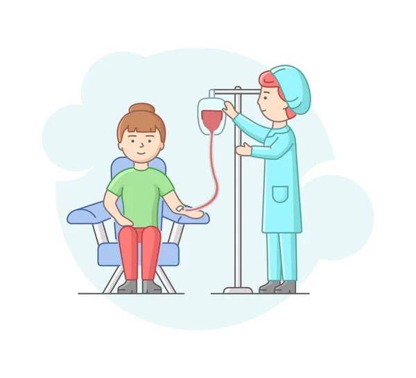 Concept Of Blood Transfusion. Nurse Helps Volunteer To Donate Blood In Laboratory Or In Hospital. Young Female Character Sits On Armchair Under Drip. Cartoon Linear Outline Flat Vector Illustration — Stock vektor