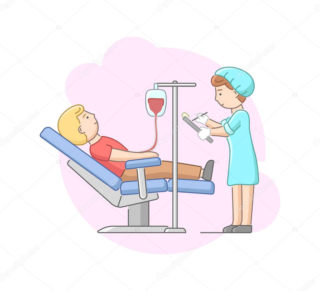 Concept Of Health Care And Blood Transfusion. Volunteer Donate Blood In Laboratory. Nurse In Uniform Controls The Procedure And Makes Notes. Cartoon Linear Outline Flat Style. Vector Illustration